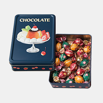 メリーチョコレート はじけるキャンディーチョコレート。プリンアラモード缶（18個入）