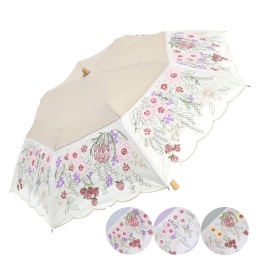 花束みたいな刺繍かわず張りショート折りたたみ日傘　※晴雨兼用