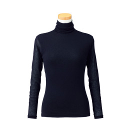 【天使の綿シフォン】ハイネック長袖（１重袖）ダークネイビー