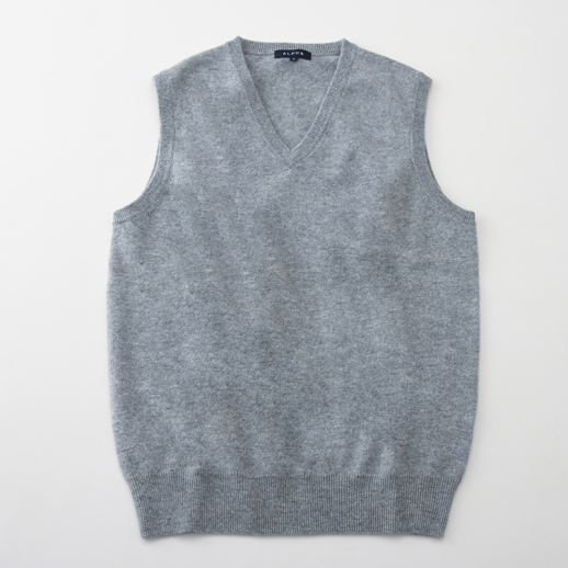 アルファーカシミヤ】洗えるメンズカシミヤVベスト ライトグレー