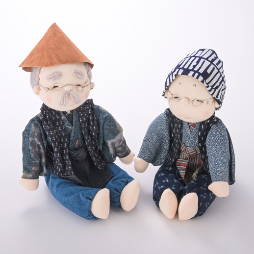 猪野扶佐恵作】フーの人形 野良仕事のおじいさん・おばあさん(青