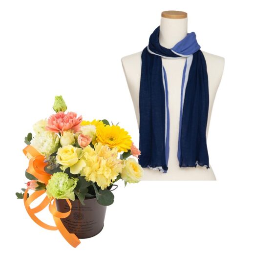 【madame tete】×【天使の綿シフォン】フラワーアレンジメント A（黄色・オレンジ系）・3色ストール セット