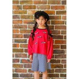 【む～のんのん】チェックリボン付きふんわり袖Tシャツ　赤