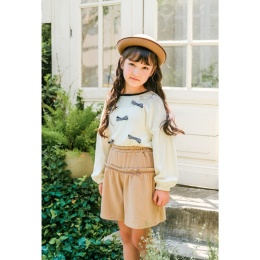 【む～のんのん】チェックリボン付きふんわり袖Tシャツ　アイボリー